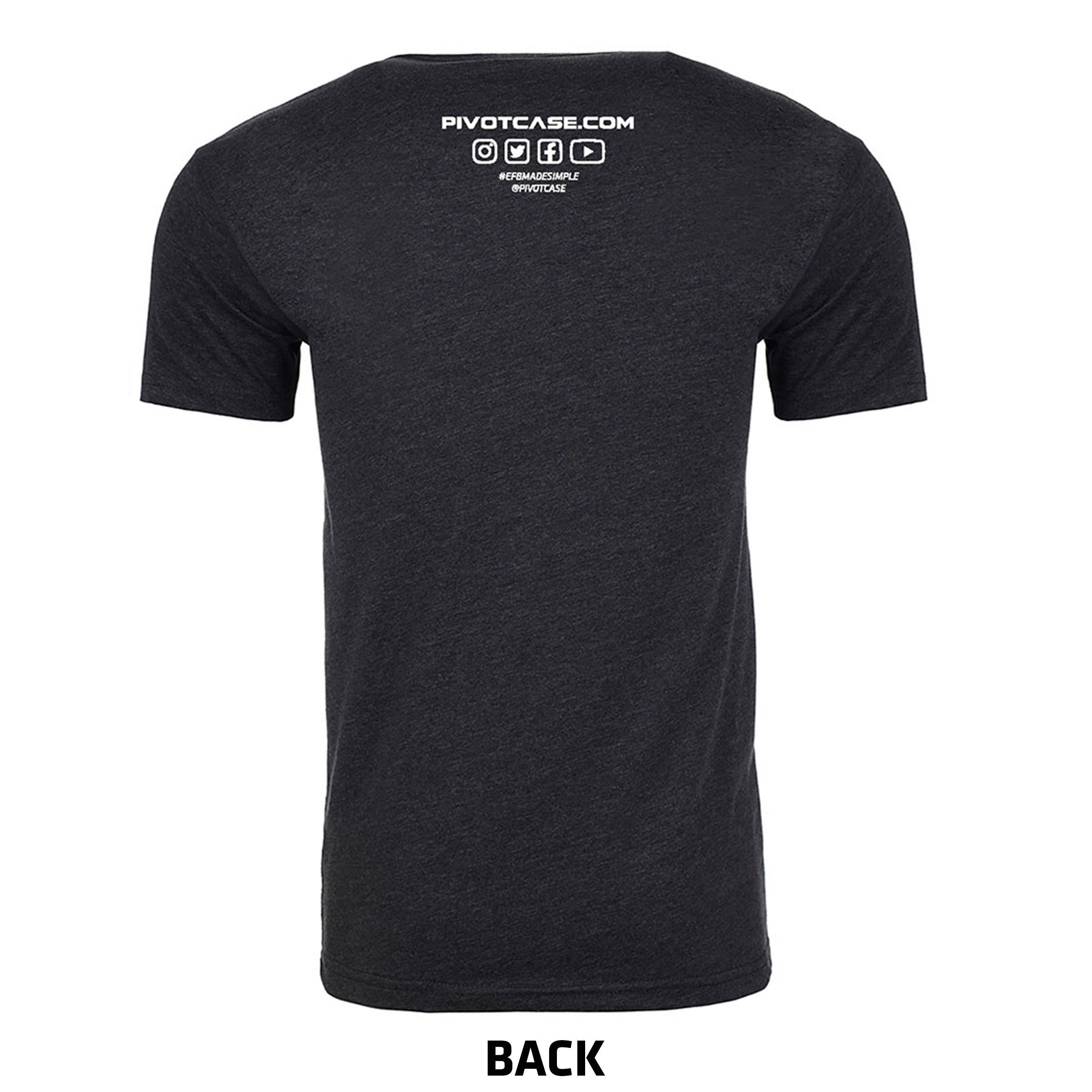 The image shows the backside of a black Logo Tee. The shirt has "PIVOTCASE.COM" printed at the top center with social media icons for Facebook, Instagram, and Twitter below it. For sizing information, note that the body length and body width can vary. The word "BACK" is labeled at the bottom of the image.