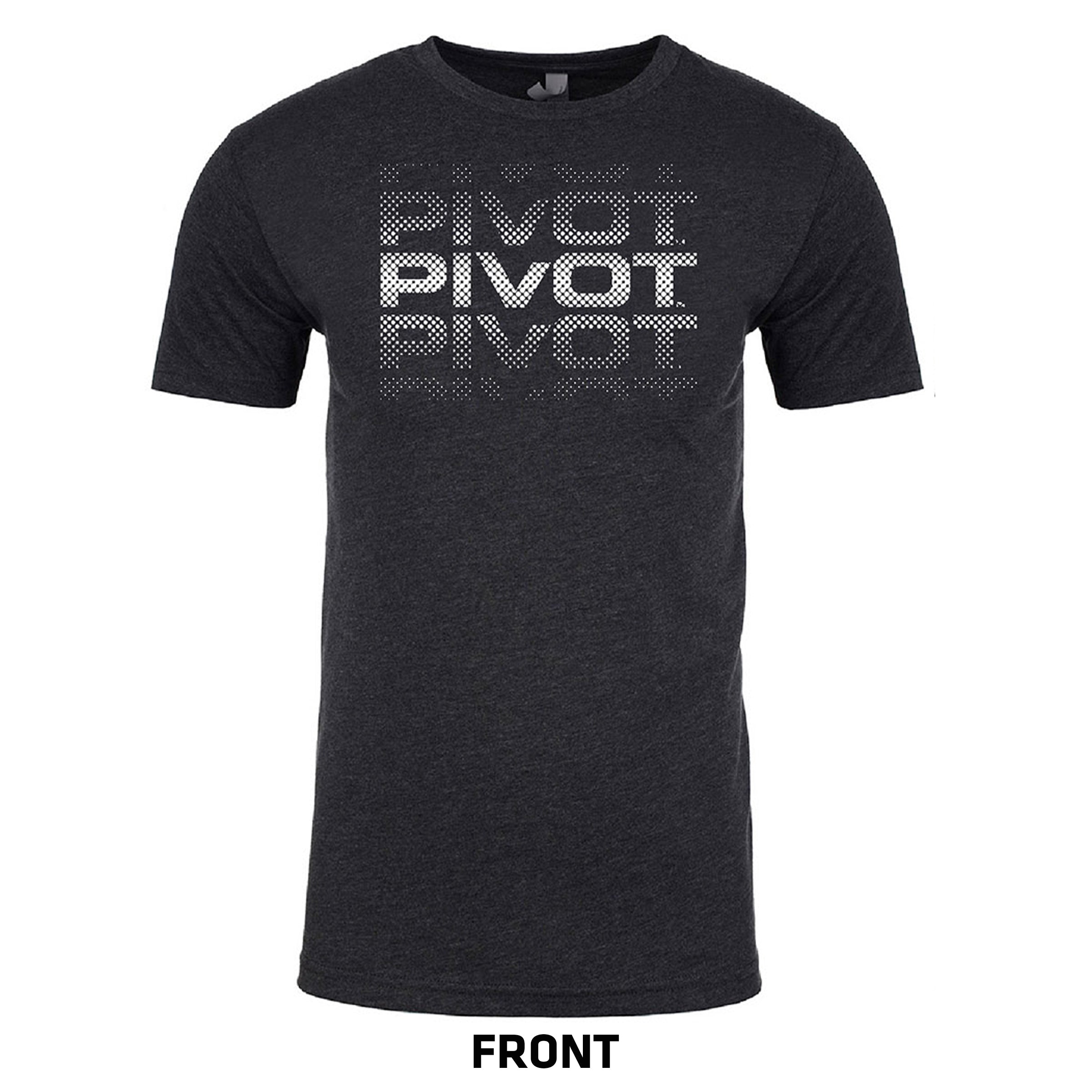 A black short-sleeve Logo Tee with the word "PIVOT" repeated four times vertically down the chest. The text features a gradient effect transitioning from silver to dark gray from top to bottom. Sizing information, including body width and body length, is available on the label "FRONT" at the bottom of the image by PIVOT.