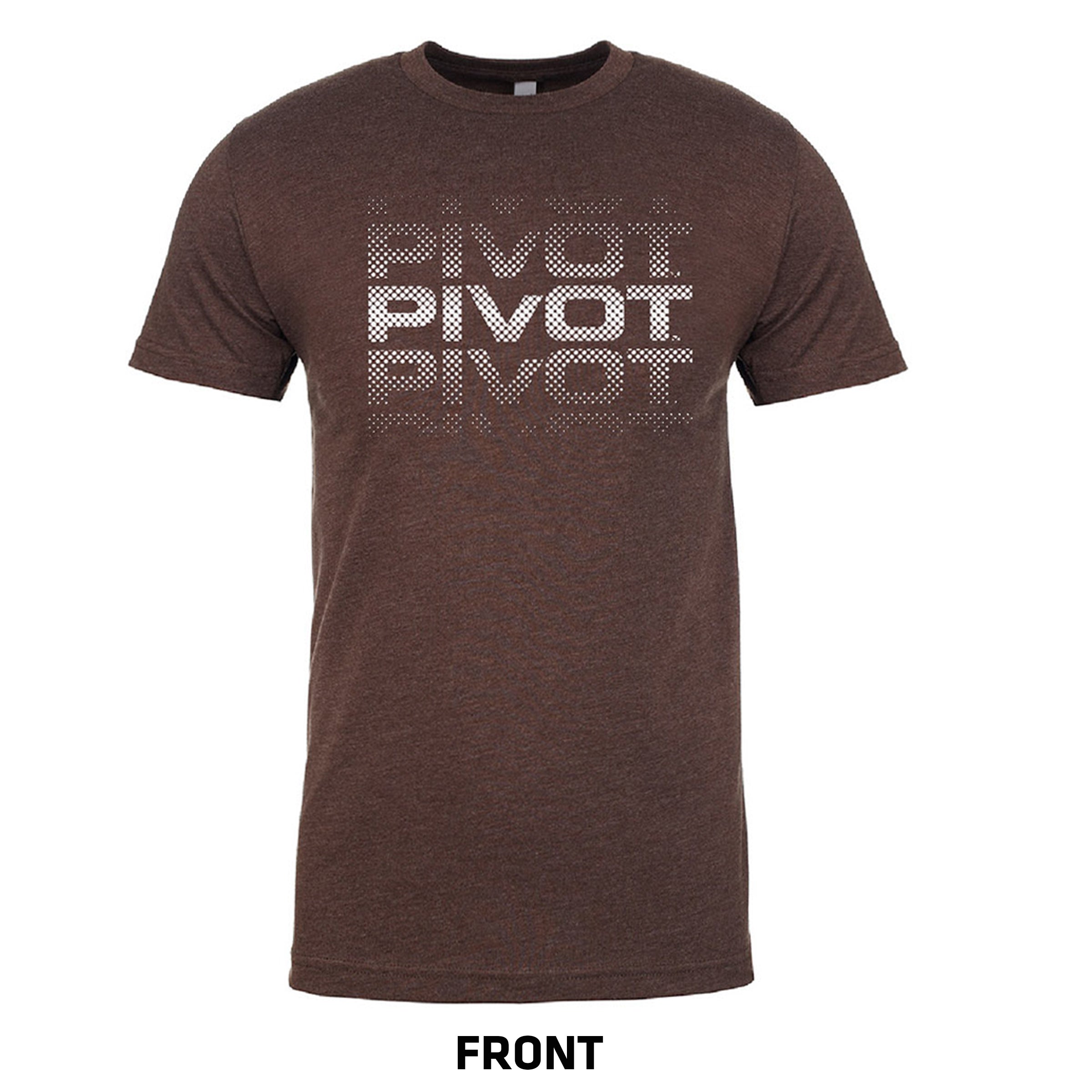 A brown short-sleeved t-shirt featuring the word "PIVOT" written three times across the chest. The middle "PIVOT" is highlighted in solid white, while the other two are in a dot pattern. The word "FRONT" is labeled at the bottom of the image, with body length and width sizing information available. This stylish Logo Tee by PIVOT makes a bold statement with its unique design.