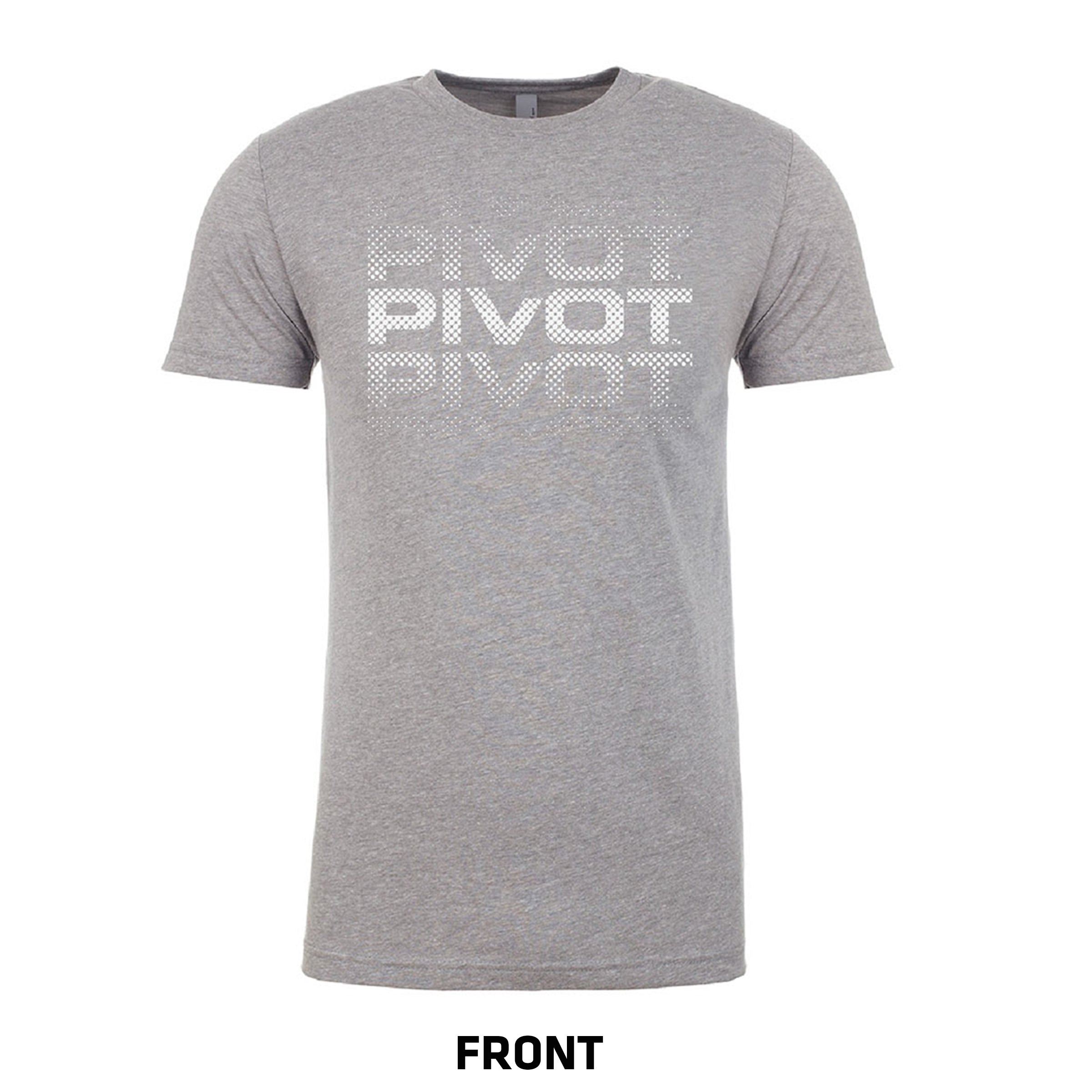 A Logo Tee with the word "PIVOT" printed three times in a vertical stack on the front in a white, dotted font. The word "FRONT" is written below the image, indicating the view of the shirt. Sizing information includes body length and body width to ensure a perfect fit. This product is by PIVOT.