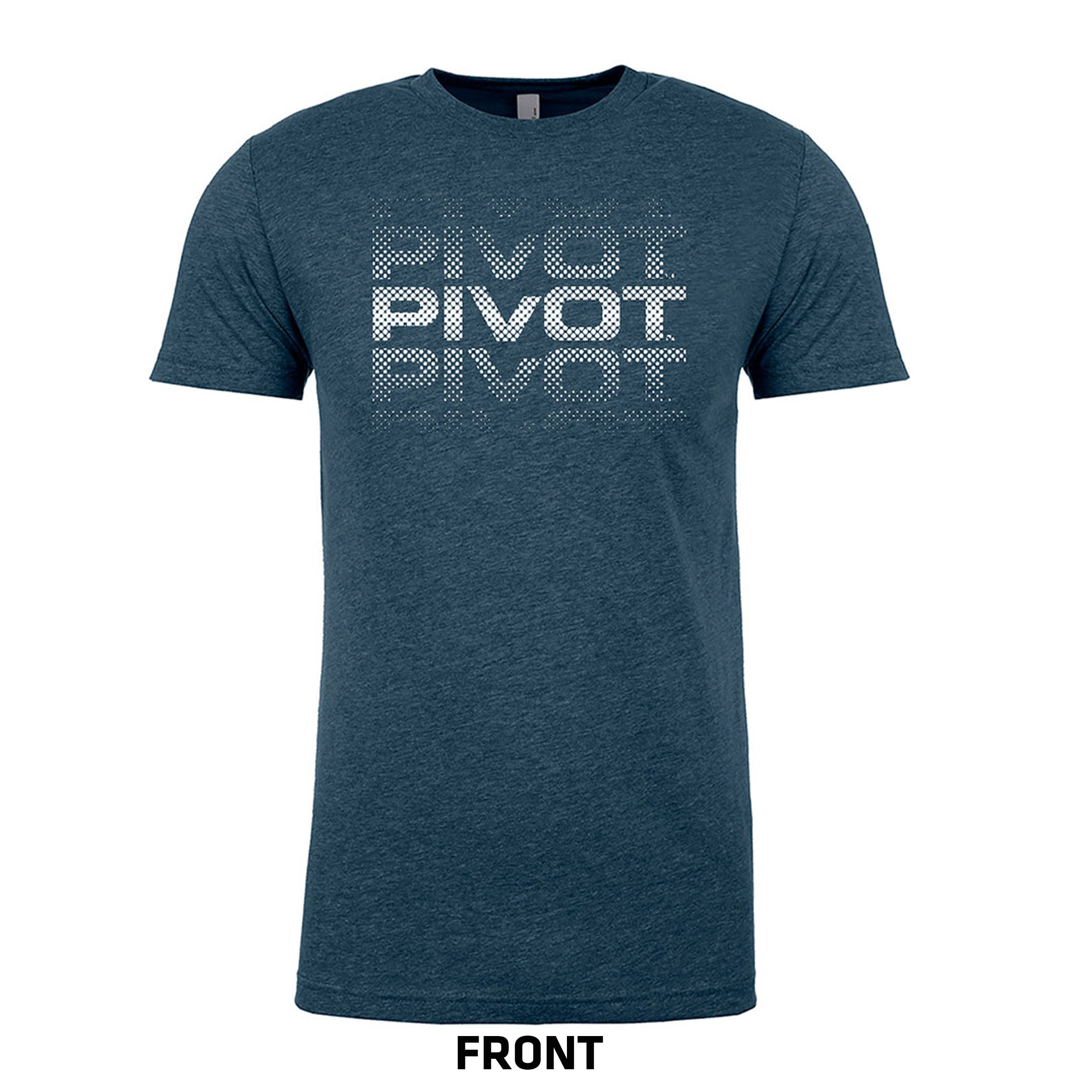 A blue Logo Tee from PIVOT with the word "PIVOT" printed thrice on the front in a vertical sequence with a fading effect. The first "PIVOT" is solid white, the second lighter, and the third faint. The text "FRONT" is shown at the bottom. For accurate sizing information, refer to body width and length measurements.