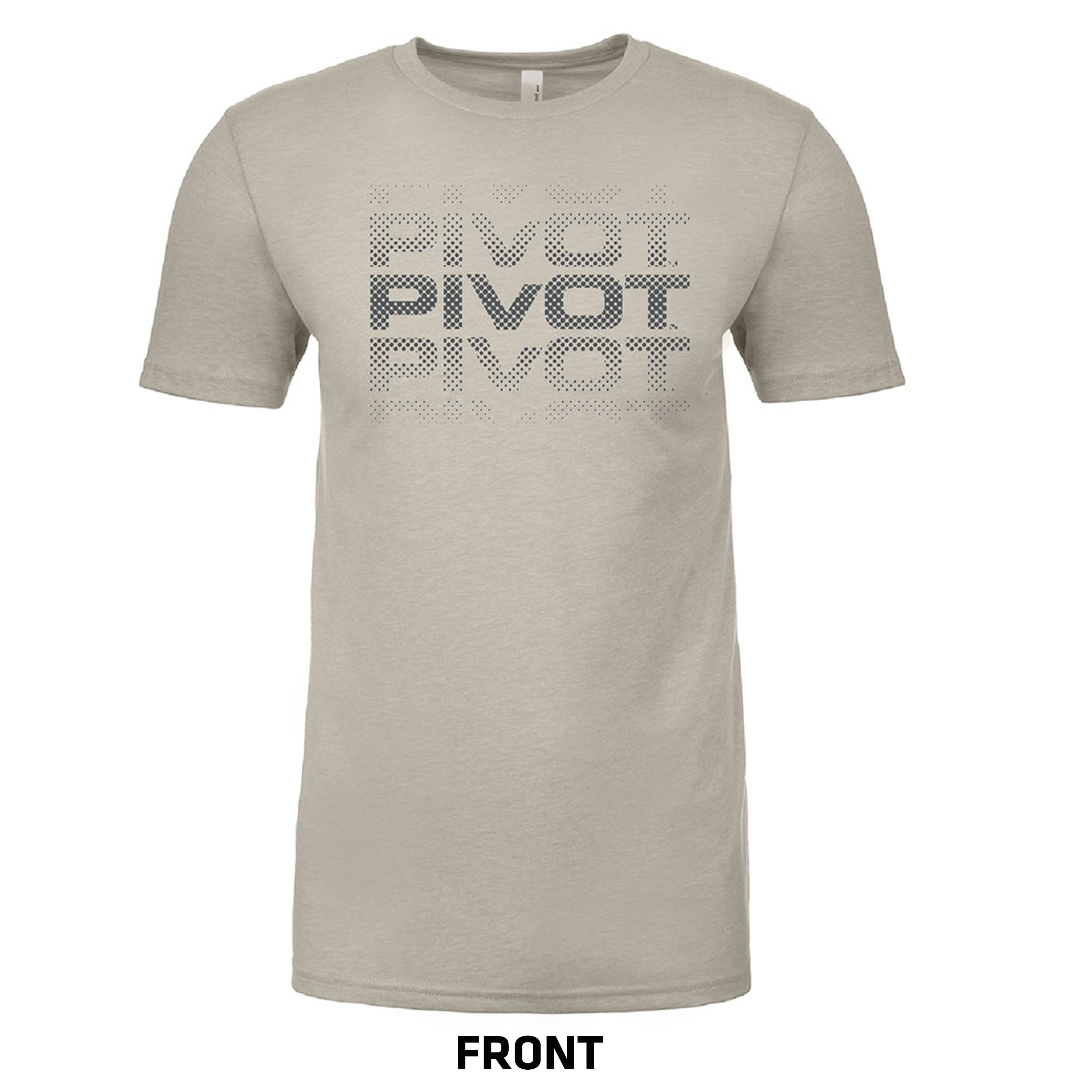 A light gray short-sleeved Logo Tee by PIVOT with the word "PIVOT" repeated three times in a faded, dotted pattern on the front. The shirt is displayed against a white background with the words "FRONT" and sizing information about body width and body length written underneath.