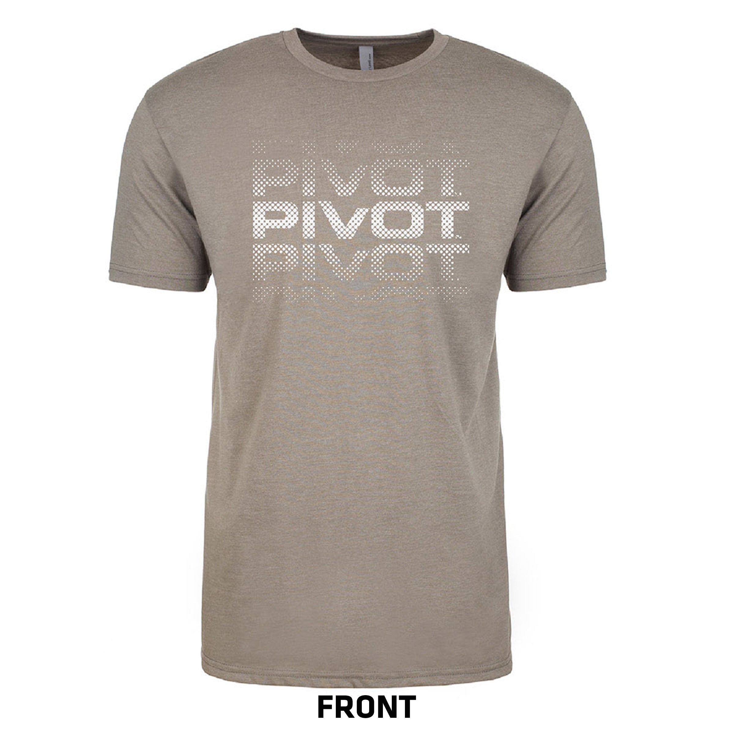 A beige PIVOT Logo Tee with the word "PIVOT" printed multiple times in a grid pattern on the chest in various shades of white and grey. The text "FRONT" is labeled below the image to indicate the front view of the shirt. For detailed sizing information, please refer to body length and body width measurements provided.