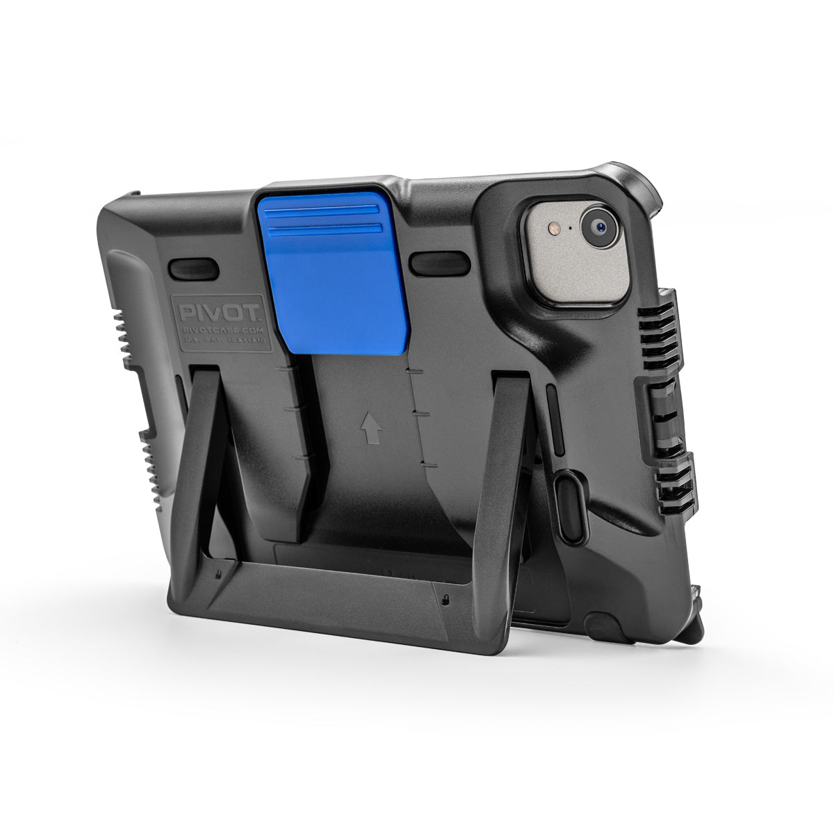 A rugged black PIVOT T21A tablet case with a blue clip, designed for durability and impact protection, fits the iPad Mini 6th gen. It features a built-in kickstand for hands-free use, shown in an open position. The case has a textured grip and precise cutouts for the camera and other ports.