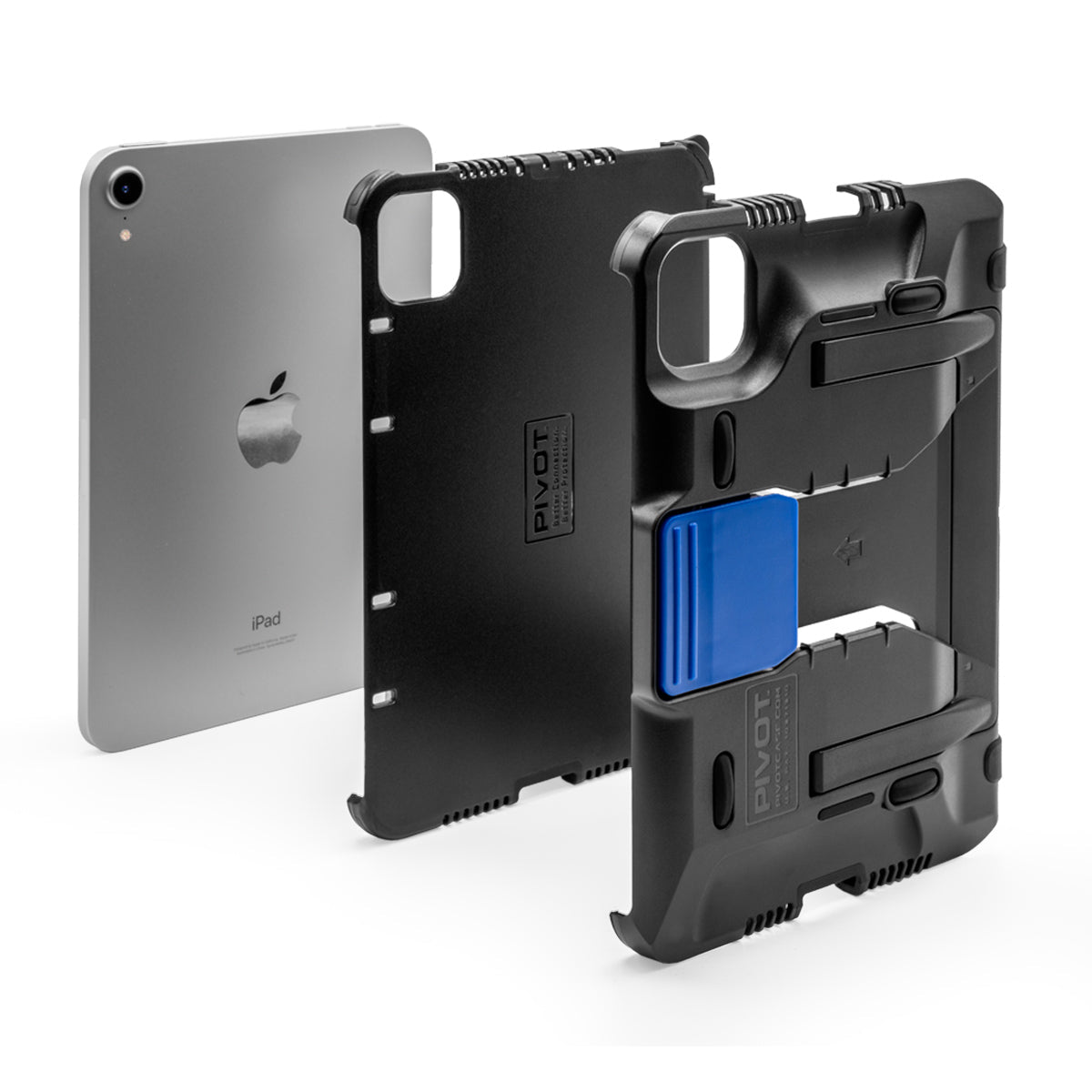 Two black PIVOT T21A rugged cases for tablets stand upright, each featuring a bold blue clip and sturdy design. Behind the cases, an iPad Mini 6th gen with a visible Apple logo lies flat, showcasing its back. These cases appear to offer robust protection and fit perfectly with your device.