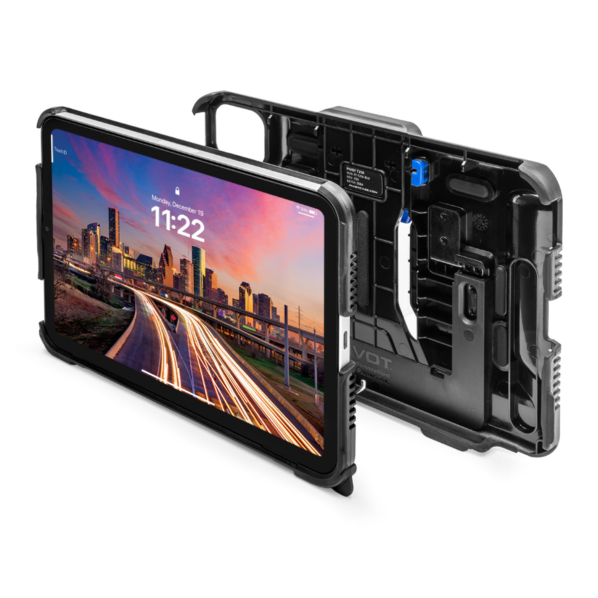 An iPad Mini, displaying a cityscape with light trails at dusk and showing the time 11:22, is partially detached from its rugged, black **PIVOT T21A** protective case. Designed to fit the 6th gen models, this durable case features an integrated kickstand and hand strap, with its interior features clearly visible.