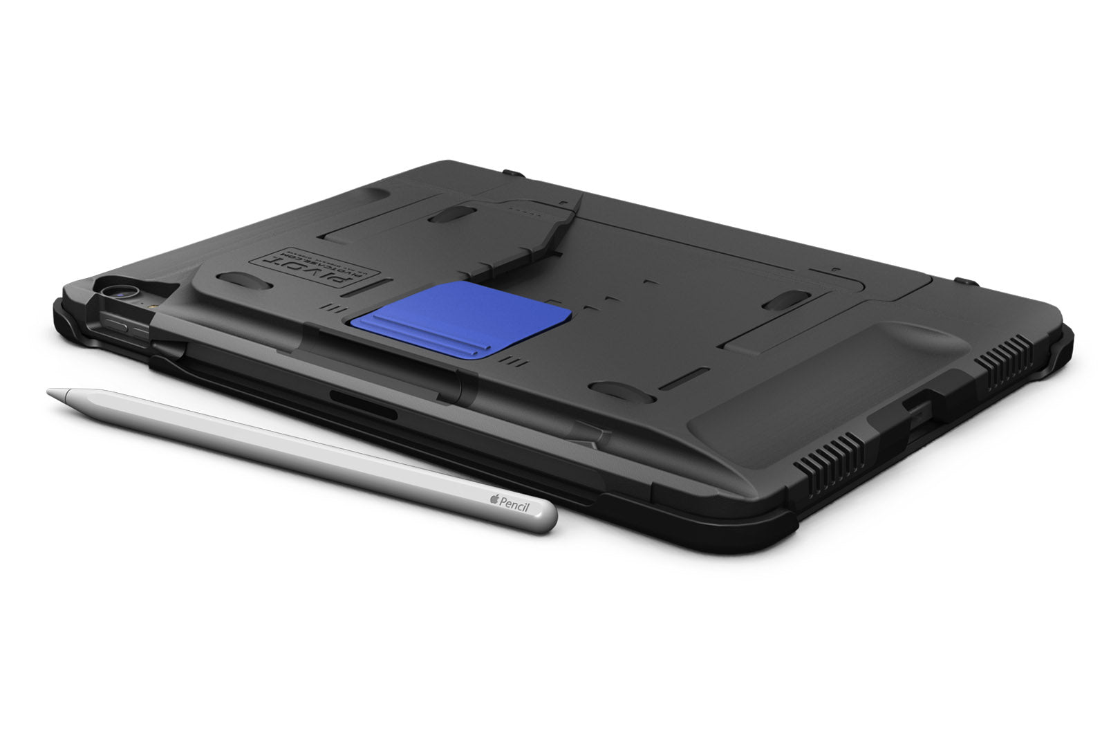 A black protective PIVOT PRO 11 (1st generation) case for the 11-inch, 1st generation model, featuring a blue accent and a slot for holding an Apple Pencil. The Apple Pencil sits next to the case, showcasing its compatibility. This case is designed to offer robust protection and functionality.
