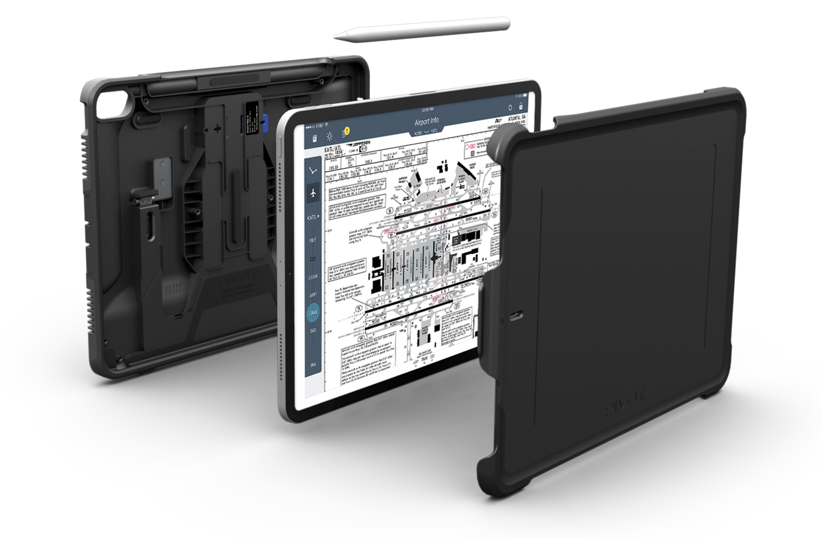 A PIVOT PRO 11 (1st generation) with a stylus is depicted, featuring a detailed technical diagram on its screen. The tablet is shown with a PRO 11 case, and its inner components are visible in an exploded view.