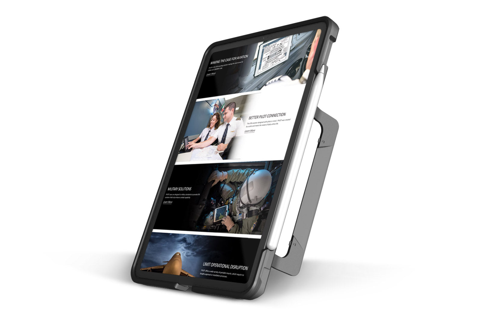 A PIVOT PRO 11 (1st generation) with a stylus is displayed in an elegant stand. The screen showcases multiple images, including a cockpit interior, a fighter jet in flight, two pilots, and technical drawings. Various text captions hint at aviation and technology content, securely held by an expertly designed PIVOT PRO 11 case.